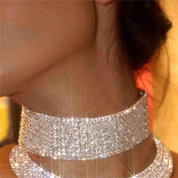 Disco 12 Row White Rhinestone Soft-Mesh Adjustable Choker - Picture 12 of 17